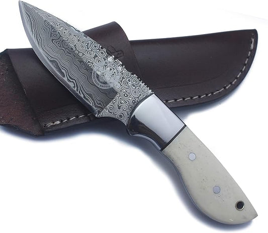Handmade Damascus Steel Fixed Blade Bowie Knife Ideal for Edc,Fishing,Hunting,Camping,Bushcrafting Skinning and Survival with Full Tang Camel Bone Handle with Cowhide-Leather Sheath-DCX17-7