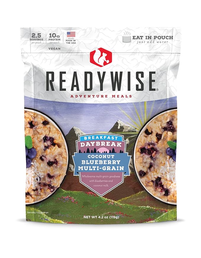 READYWISE - Outdoor Coconut Blueberry Multi-Grain, 2.5 Servings, Pack of 1, Emergency Preparedness, Freeze Dried Food, MRE, Snack Pack, Survival Food, Emergency Food for Backpacking, Camping, and Hiking