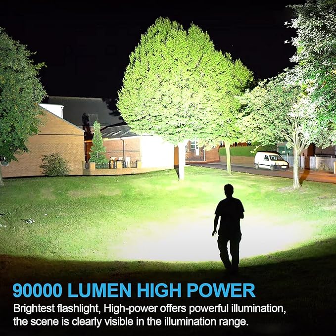 Rechargeable LED Flashlight High Lumens, 90000 Lumen Brightest Tactical Flashlight with 10000mAh Battery, Side Worklight, 7Modes Zoomable High-Power Flashlight&USB Rechargeable for Camping Emergency