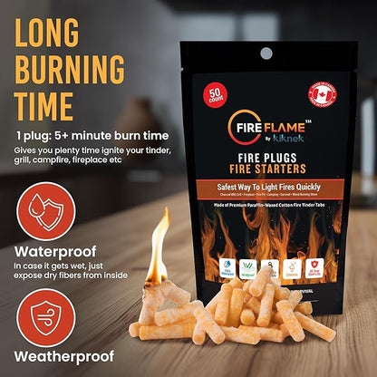 Fireflame Fire Plugs Fire Starter - Quick Instant 100% Waterproof All-Purpose Indoor & Outdoor Firestarter Tinder Tabs, for Emergency Survival, Charcoal Grill - Odorless & Non-Toxic