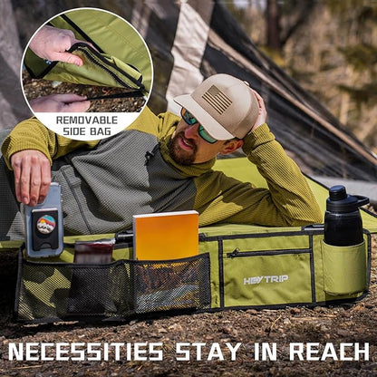 HEYTRIP Extra-Wide Camping Cot, Upgrade Sturdy Camping Bed, XXL Cots for Sleeping Support 500lb, Folding Cot with Side Pocket, Carry Bag Ultralight Backpacking Cot for Travel(Green)