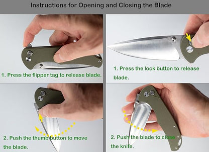 FD04 Folding Pocket Knife, D2 Steel Blade G10 Handle and Button Lock EDC Pocket Cool Knife for Men and Women, Camping Hunting Hiking Fishing Knives Tools (Green Drop)