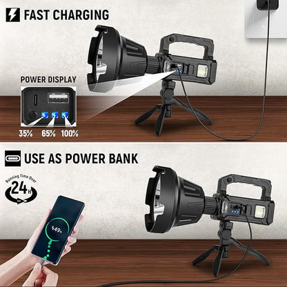Rechargeable Spotlight, Handheld Super Bright Flashlight 1000000 High Lumens with Foldable Tripod,6 Modes and 4 Colors, Waterproof IPX6 Searchlight for Camping Fishing Hunting, USB Output