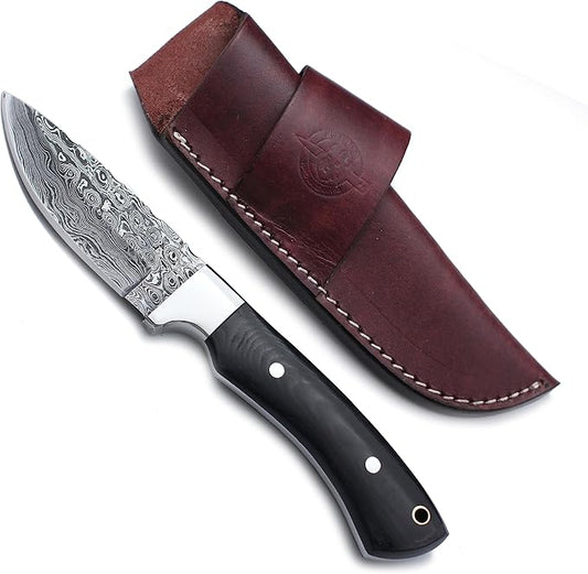Handmade Damascus Steel Knife for Hunting, Survival,Camping,Bushcraft,and Fishing- Fixed Blade Dagger with Drop Point Full Tang Micarta Handle, Leather Sheath - WKD-802