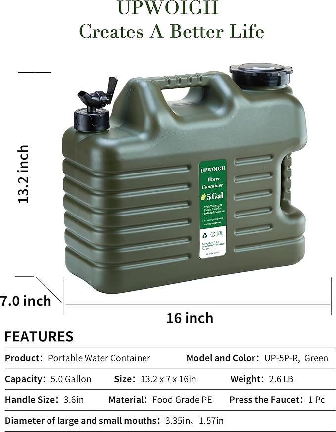 5 Gallon Water Jug and 2.6Gal Collapsible Water Bag Set of 2,Thickened Water Storage Overlanding Gear Containers, Camping Essential Leak-Proof Green Portable Water Tank,BPA Free Outdoors Hiking