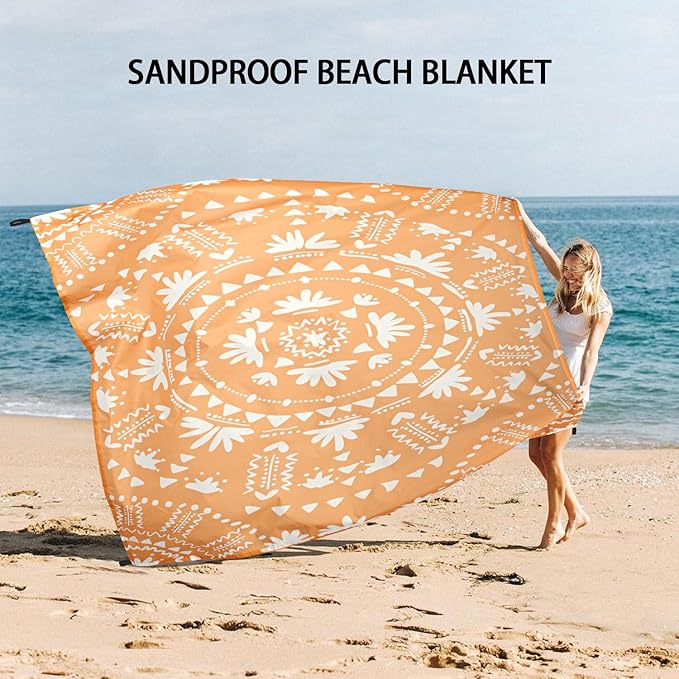 110''×118'' Extra Large Sandproof Beach Blanket 4-8 Adults, Waterproof Foldable Picnic Blankets with 4 Stakes & 4 Pockets, Lightweight Boho Outdoor Beach Mat for Travel, Camping, Hiking