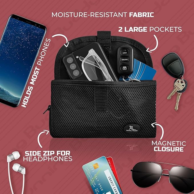 Running Buddy Magnetic Buddy Pouch, Beltess, Chafe and Bounce Free, Runners Fanny Pack, Phone Holder, Great for Running, Walking, Traveling & More, for Men & Women - 6-3/4” L x 4” W - Black and Pink