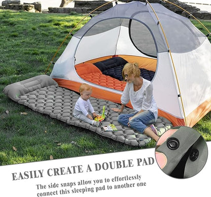 MEI&CO Ultra-Light Inflatable Sleeping Pad with Built-in Pillow & Foot Pump – for Camping, Hiking & Backpacking – Single Pad with Side Buttons for Double Conversion (1, Gray)