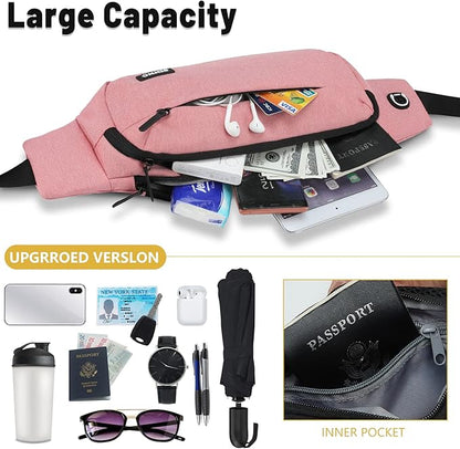 SINNO Large Crossbody Fanny Pack for Women Men Belt Bag With 4-Zipper Pockets for Travel Running Hiking Workout Dog Walking Outdoors Sport Fishing Waist Pack Bag Carrying All Phones