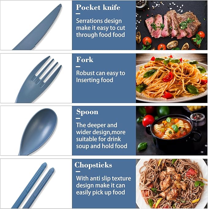 Reusable Utensils Set with Case, 4 Sets Large Plastic Travel Cutlery Set with Chopsticks, Portable Fork Spoons Knife Set Lunch Box Utensil Set for Adults Camping Picnic Use
