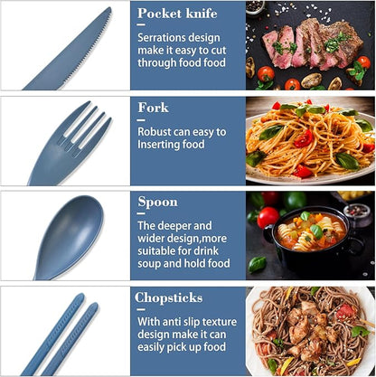 Reusable Utensils Set with Case, 4 Sets Large Plastic Travel Cutlery Set with Chopsticks, Portable Fork Spoons Knife Set Lunch Box Utensil Set for Adults Camping Picnic Use