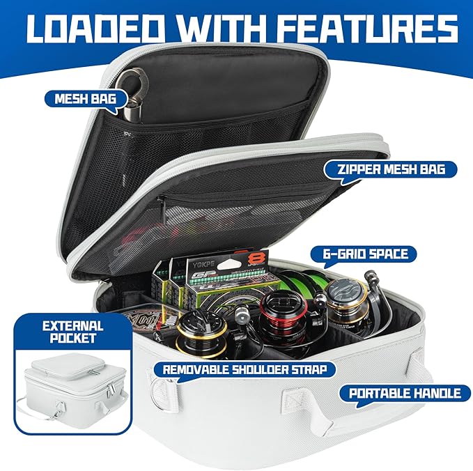 Fishing Reel Case with Shockproof Dividers & Multiple Pockets, Fathers Day Gift for Dad Men, Waterproof Fishing Tackle Bag for Spinning Baitcasting Fly Reels (Grey)