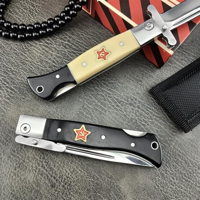 Finka-NKVD KGB Folding Pocket Knife,3.66" Mirror Polished 440C Blade and ABS Handle,Nylon Sheath,Assisted Opening Flipper Knife with Lockback, EDC for Camping Hunting Survival (BLACK)
