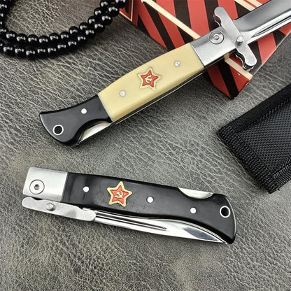 Finka-NKVD KGB Folding Pocket Knife,3.66" Mirror Polished 440C Blade and ABS Handle,Nylon Sheath,Assisted Opening Flipper Knife with Lockback, EDC for Camping Hunting Survival (BLACK)