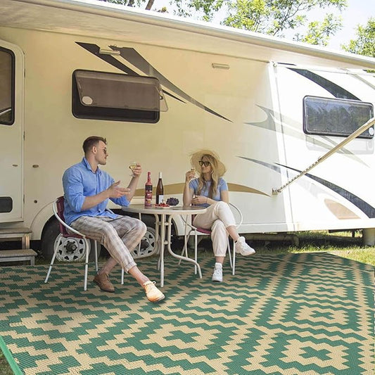 Outdoor Patio Plastic Straw Rug - 9'x12' Outdoor Camping Rug Waterproof Reversible, Area Carpet Patios Clearance RV, Outside Porch Balcony Deck for Camper, Green & Yellow