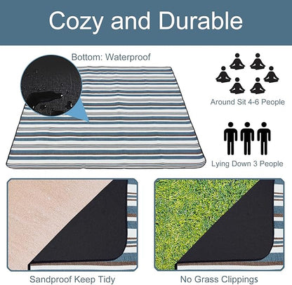 Large Picnic Blanket, 80'' x 80'' Foldable Sandproof Beach Mat with Strap and Bag, Portable Waterproof Outdoor Blanket for Camping Stadium Park Hiking, Gift for Family Friends (Stripe)