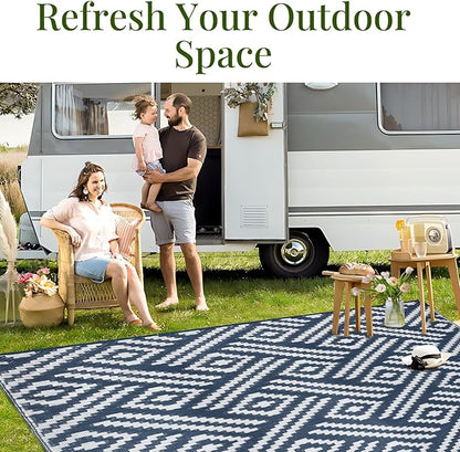 OPPODREAM Outdoor Rug 9x12 Patio Waterproof, Large Outdoor Plastic Straw Rug, Reversible Out Door Carpet for Camping, Deck, Rv, 9 x 12 Area Carpet for Balcony, Porch, Backyard, White and Navy Blue