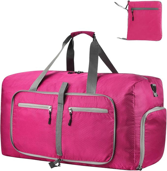 Dimayar Travel Duffle Bag for Men Women - Foldable Duffel Bag with Shoes Compartment - Overnight Bags Waterproof & Tear Resistant(40L,Fuchsine)