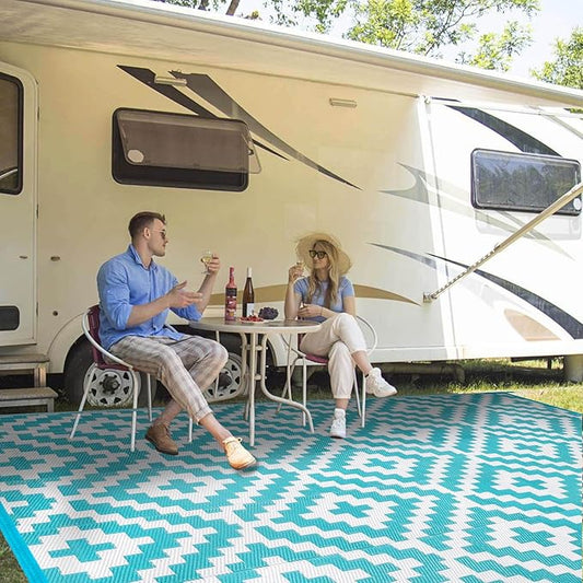 Outdoor Patio Plastic Straw Rug - 8'x10' Outdoor Camping Rug Waterproof Reversible, Area Carpet Patios Clearance RV, Outside Porch Balcony Deck for Camper, Blue & White