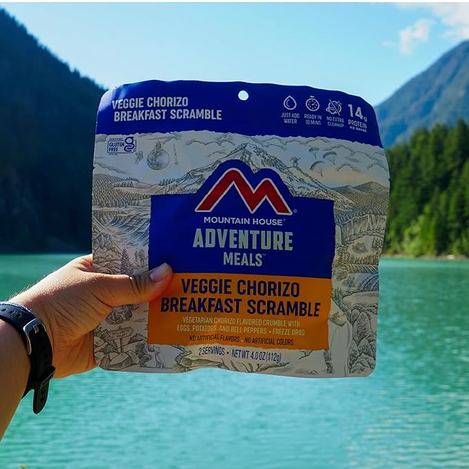 Mountain House Veggie Chorizo Breakfast Scramble 2-Servings & Beef Stroganoff with Noodles 2 Servings Freeze-Dried Backpacking & Camping Food Bundle