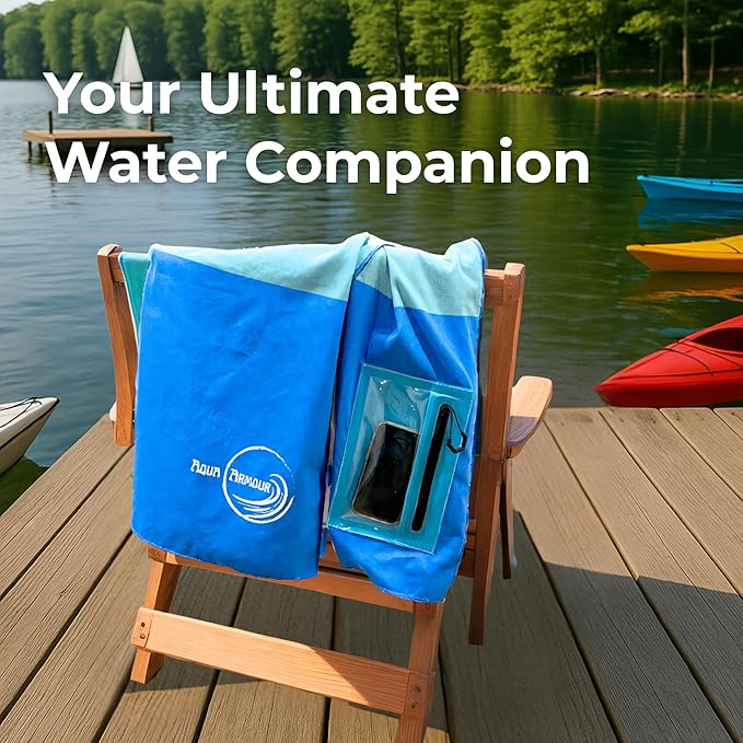 Go Anywhere Towel with Waterproof Phone Pouch - Quick Dry, Sand Free, Compact Beach Towel for Pool, Boat, Travel, Camping, Hiking & Outdoor Adventures (Blue)