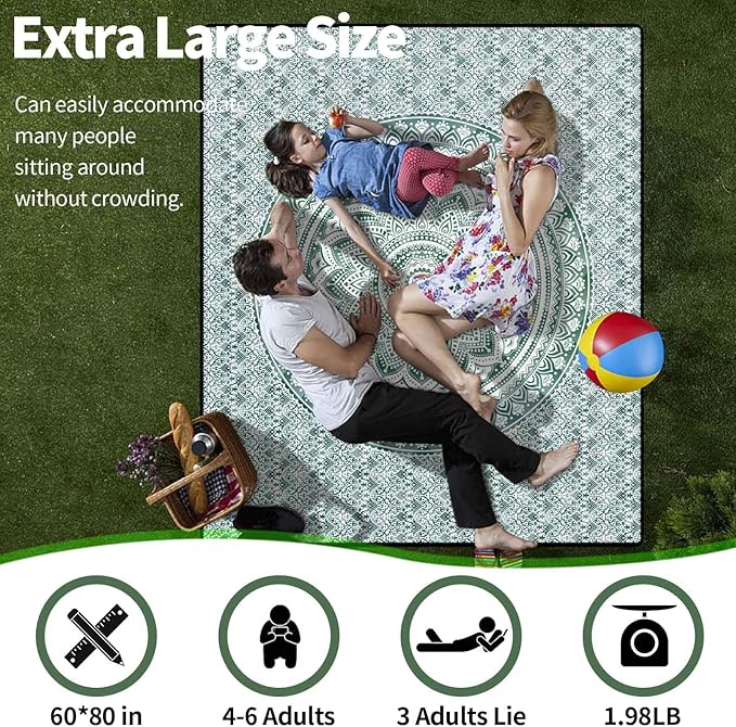 Picnic Blankets 60"x80" Waterproof Portable Outdoor Blanket Sand Proof Packable Beach Mat for Outdoors Camping Essentials Travel Accessories Summer Gifts for Women Adults Who Have Everything