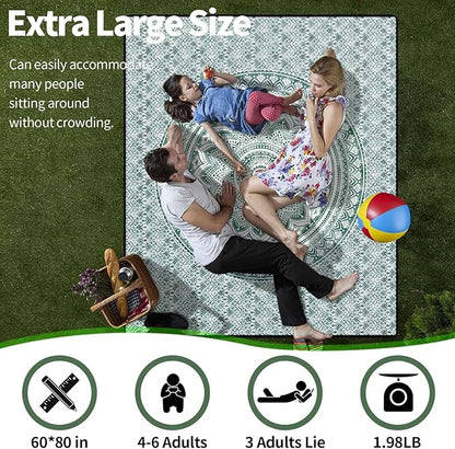 Picnic Blankets 60"x80" Waterproof Portable Outdoor Blanket Sand Proof Packable Beach Mat for Outdoors Camping Essentials Travel Accessories Summer Gifts for Women Adults Who Have Everything