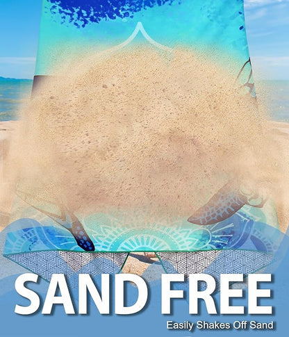 Microfiber Beach Towel – Quick Dry Lightweight Sand Free Oversized Large Towel Accessories Swim Pool Yoga Camping Summer Cruise Ship Essentials Compact Sandproof Gift (Shark Mandala Sunset,71" 32")