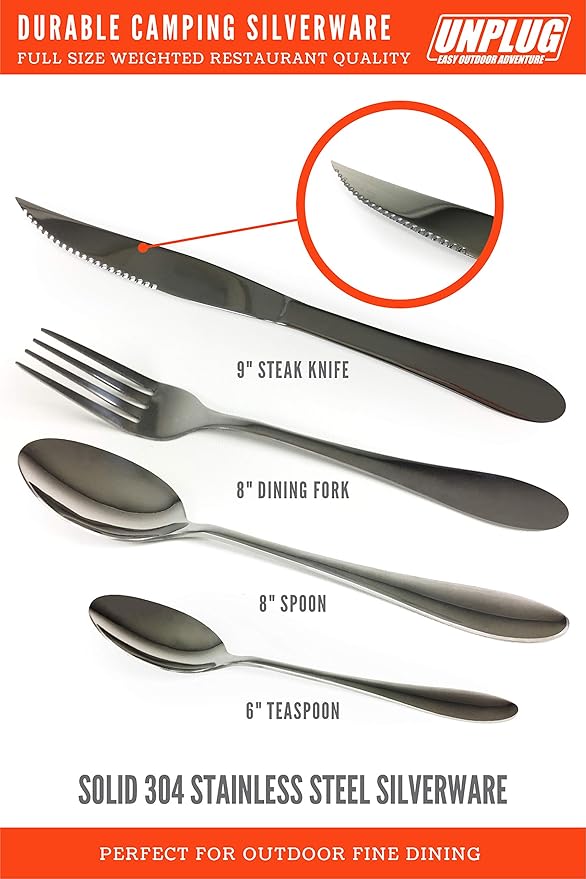 Unplug Luxury Camping Plates Cups and Bowls Set | Camping Dishes & Utensils Including Knives, Spoons and Forks | an All-Inclusive Camping Mess Kit | Camping Dinnerware