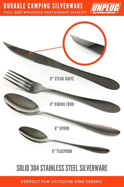 Unplug Luxury Camping Plates Cups and Bowls Set | Camping Dishes & Utensils Including Knives, Spoons and Forks | an All-Inclusive Camping Mess Kit | Camping Dinnerware