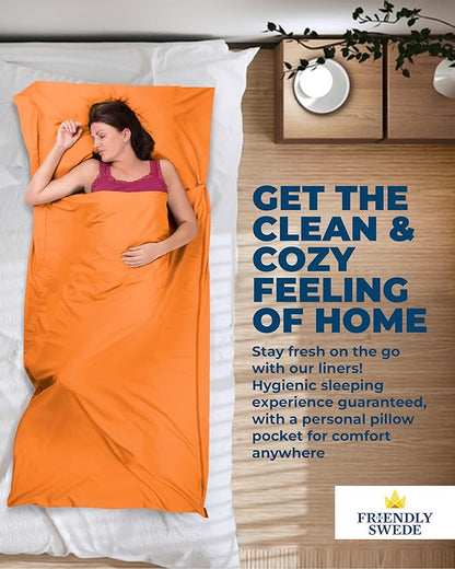 The Friendly Swede Sleeping Bag Liner - Cold Weather Camping Sheets & Adult Sleep Sack with Full Length Zipper; Microfiber Soft Travel Sheets for Hotel with Stuff Sack - Orange (Zipper)