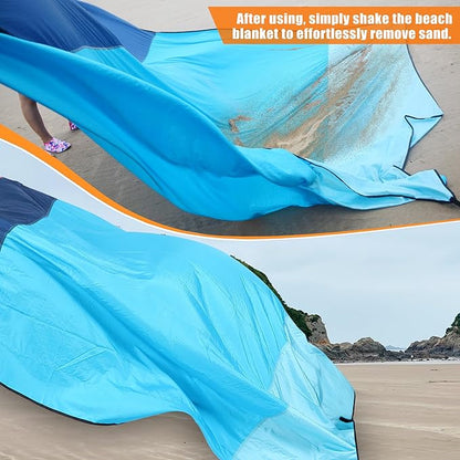 Beach Blanket Sandproof, Extra Large Beach Mat, Sand Free Mat Quick Drying, Lightweight, Soft & Durable Mat for Beach, Yard (Dark Blue & Blue, 6.6 x 6.6 FT (1～4 Person))