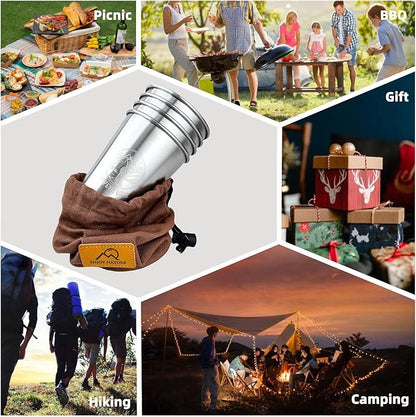 Camping Cup 16oz (4 Pack) Camping Gift for Him Father Stackable Metal Mug Pint Cup 18/8 Stainless Steel Cup for Outdoor Picnic Hiking Fishing Surfing Party Drinking Glasses (4 silver)
