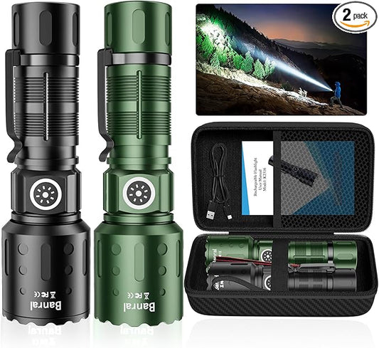 Rechargeable Flashlights 20,000 High Lumens, 1500M Long Throw Super Bright LED Small Powerful Flashlight with Memory Function, 6Modes Pocket Waterproof Flash Light for Camping,Hiking (2, Black/Green)