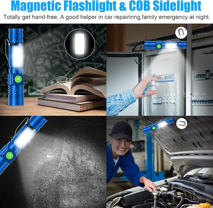 Flashlight USB Rechargeable, Magnetic LED Flashlight, Super Bright LED Tactical Flashlight with Cob Sidelight, 2000LM, Waterproof, Zoomable Best Small LED Flashlight for Camping, Emergency - Blue