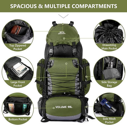 90L Hiking Backpack, Waterproof Camping Bag with Rain Cover, Lightweight Backpacking Back Pack - No Frame (Army Green)