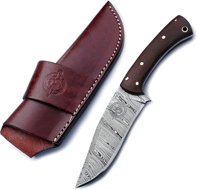 Handmade Damascus Steel Knife Bowie for Hunting, Survival,Camping,Bushcraft,Fishing,Fixed Blade with Recurve Full Tang Micarta Handle, Leather Sheath - WKD-776