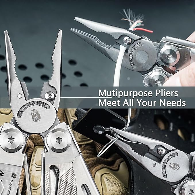 HX OUTDOORS 19 In 1 Multi Tool Pocket Knife Set, Stainless Steel Multitool Pliers with Fire Starter and Glass Breaker, Folding EDC Camping Survival Tools for Men (Silver)