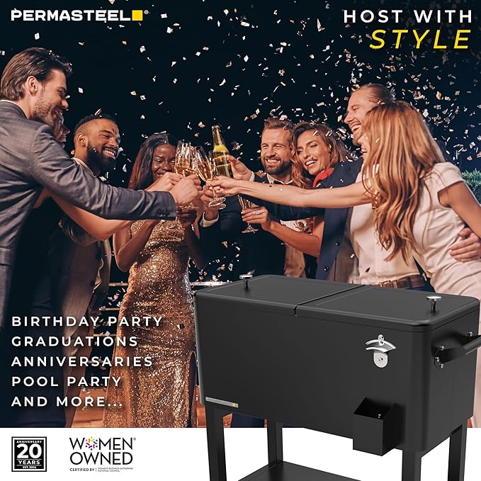 Permasteel 80-Qt Large Outdoor Patio Cooler with Wheels & Handles, Portable Rolling Ice Cooler Cart with Detachable Basin, Stand & Bottom Storage Shelf for Outdoor Entertaining, Black