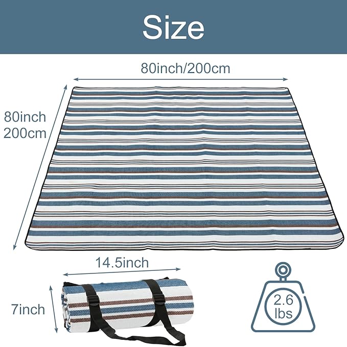 Large Picnic Blanket, 80'' x 80'' Foldable Sandproof Beach Mat with Strap and Bag, Portable Waterproof Outdoor Blanket for Camping Stadium Park Hiking, Gift for Family Friends (Stripe)