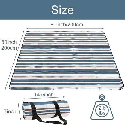 Large Picnic Blanket, 80'' x 80'' Foldable Sandproof Beach Mat with Strap and Bag, Portable Waterproof Outdoor Blanket for Camping Stadium Park Hiking, Gift for Family Friends (Stripe)