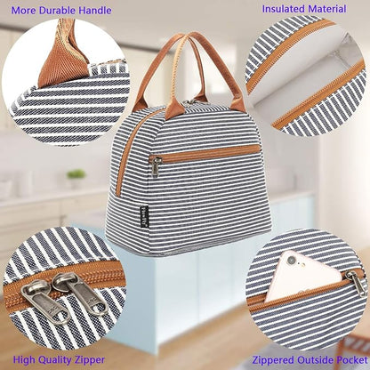 FlowFly Insulated Lunch Cooler Bag - Tote Bag Organizer for Women/Men, White & Black Stripe