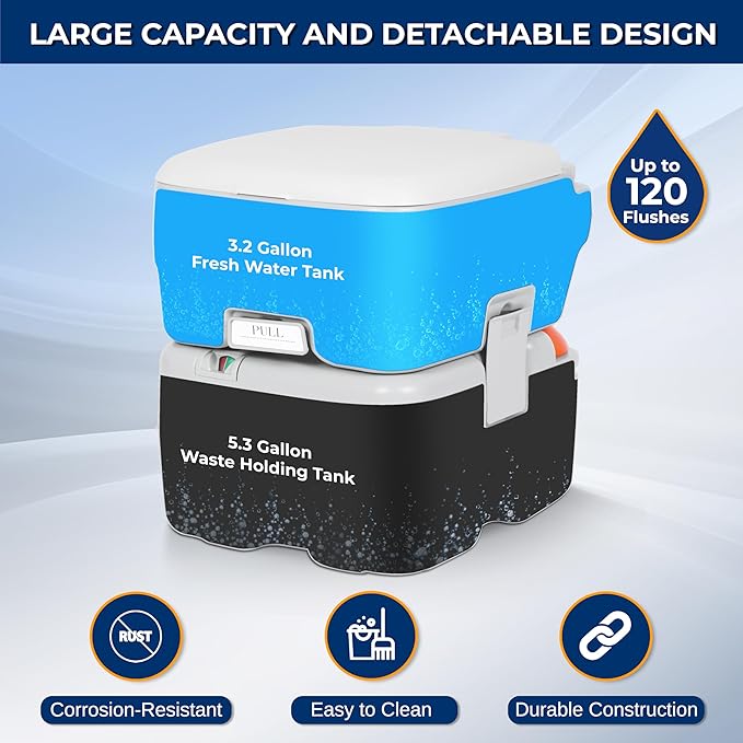 SereneLife 20L Portable Toilet for Adults, Leak Proof Camping Toilet with Detachable Waste Tank, Ideal For Camping and Other Recreational Activities, Durable and Comfortable Toilet Seat, 120 Flushes