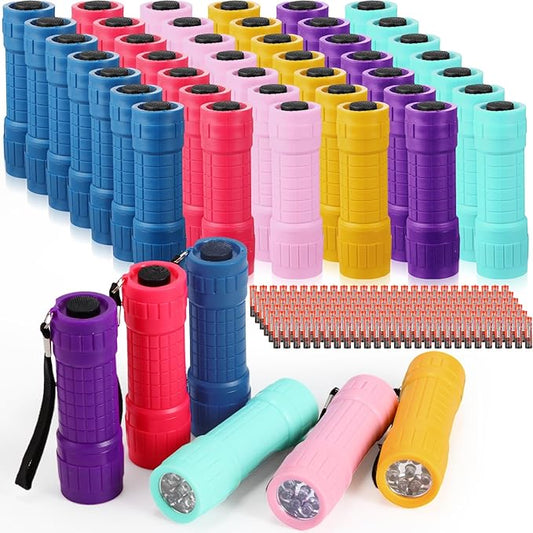 48 Pcs Mini Small Flashlights Bulk with 144 AAA Batteries and Lanyard Mini Assorted Color Handheld 9 LED Flashlights for Night Reading Kids Camping Class Teaching Party Emergency Hunting