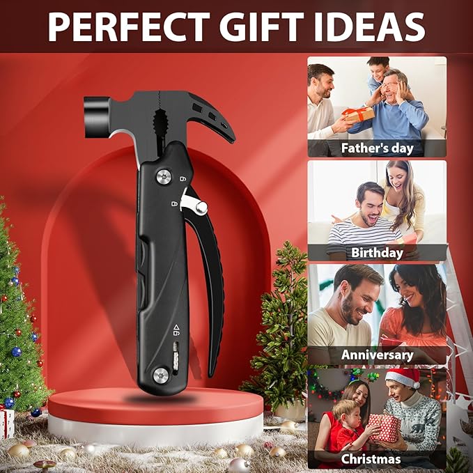 Hammer Multitool, Camping Hammer Tool Camping Essentials Gear Survival Multitool with Knife Hammer Pliers Saw Bottle Can Opener Screwdriver Cool Gadgets Gifts for Men, Dad