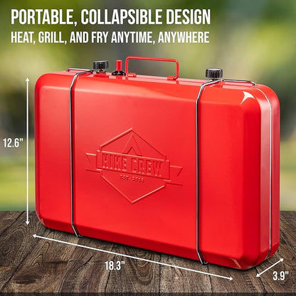 Hike Crew Gas Camping Stove | 20,000 BTU Portable Propane 2 Burner Stovetop | Integrated Igniter & Stainless Steel Drip Tray | Built-in Carrying Handle, Foldable Legs, Wind Panels | Includes Regulator