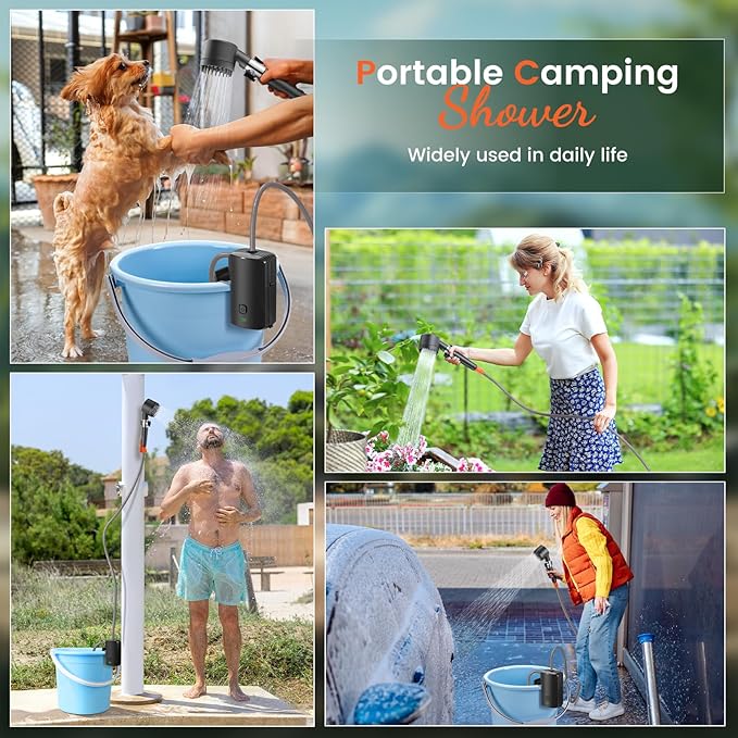 Ideashop Portable Camping Shower Set, Electric Outdoor Camp Shower Pump, Powered by Rechargeable Battery, 3 Flow Mode Head Nozzle, Portable Shower for Camping, Hiking, Traveling, Washing