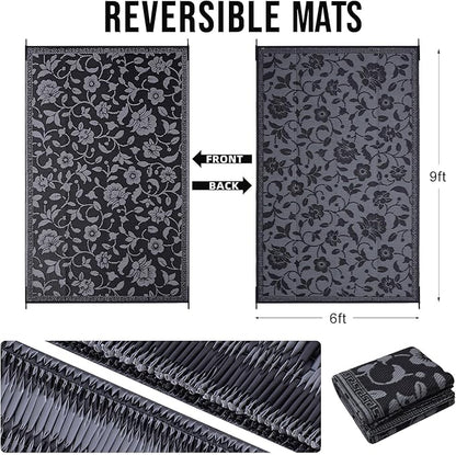 OLANLY Waterproof Outdoor Rug 6x9 ft, Outdoor Plastic Straw Rug with Flower Pattern, Reversible RV Mat for Patio, Camping, Balcony, Deck, Backyard, Black & Grey