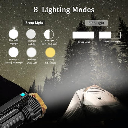 LED Flashlight USB Rechargeable, Super Brightest Flashlight with Sidelight and Hooks, 8 Modes Lighting, 19X LED, High Powered, Waterproof Tactical Torch Camping Portable Handheld
