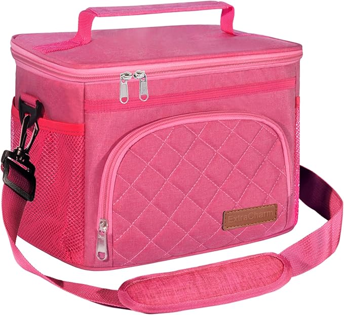 ExtraCharm Insulated Lunch Bag for Women/Men - Reusable Lunch Box for Office Picnic Hiking Beach - Leakproof Cooler Tote Bag Organizer with Adjustable Shoulder Strap for Adults-Pink